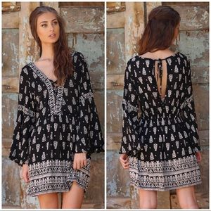 Angie Printed Bell Sleeve Dress w/Crisscross